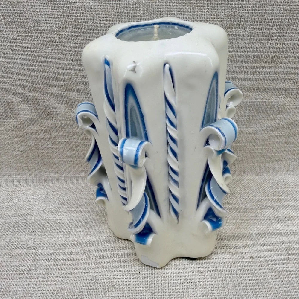 Vintage‎ Virginia Beach Candle Factory Hand Carved Bowling Candle Blue White 6